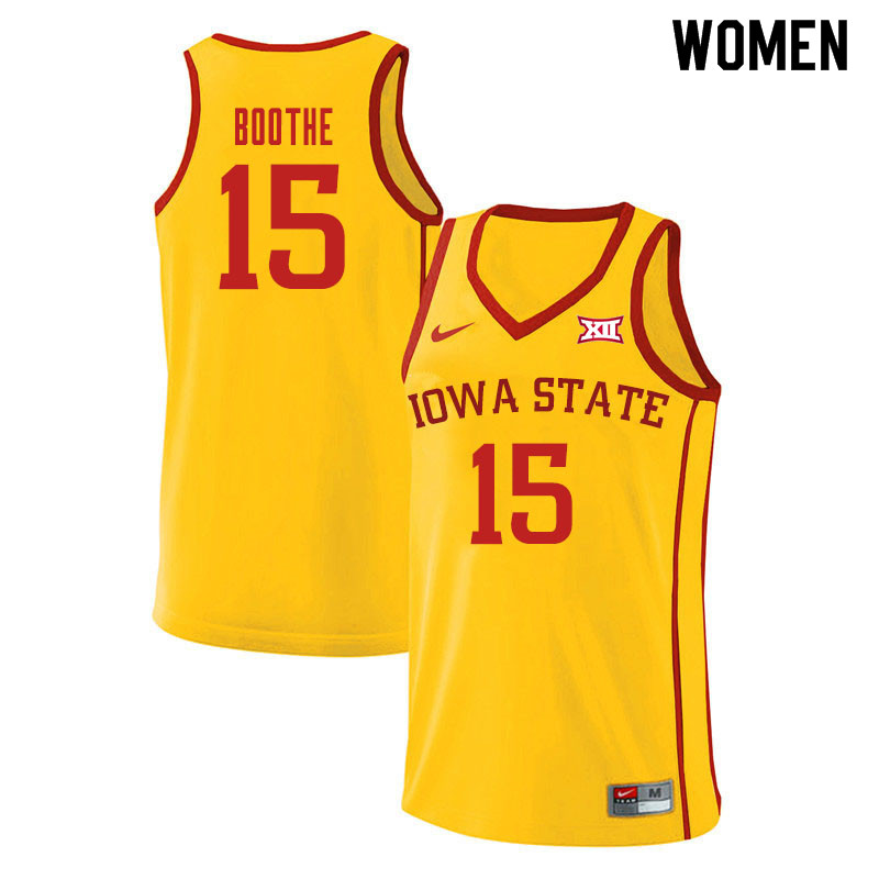 Women #15 Carter Boothe Iowa State Cyclones College Basketball Jerseys Sale-Yellow - Click Image to Close